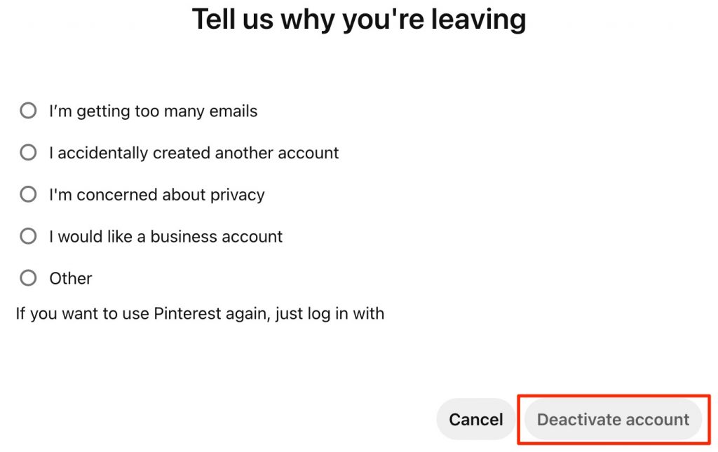 deactivate pinterest account
