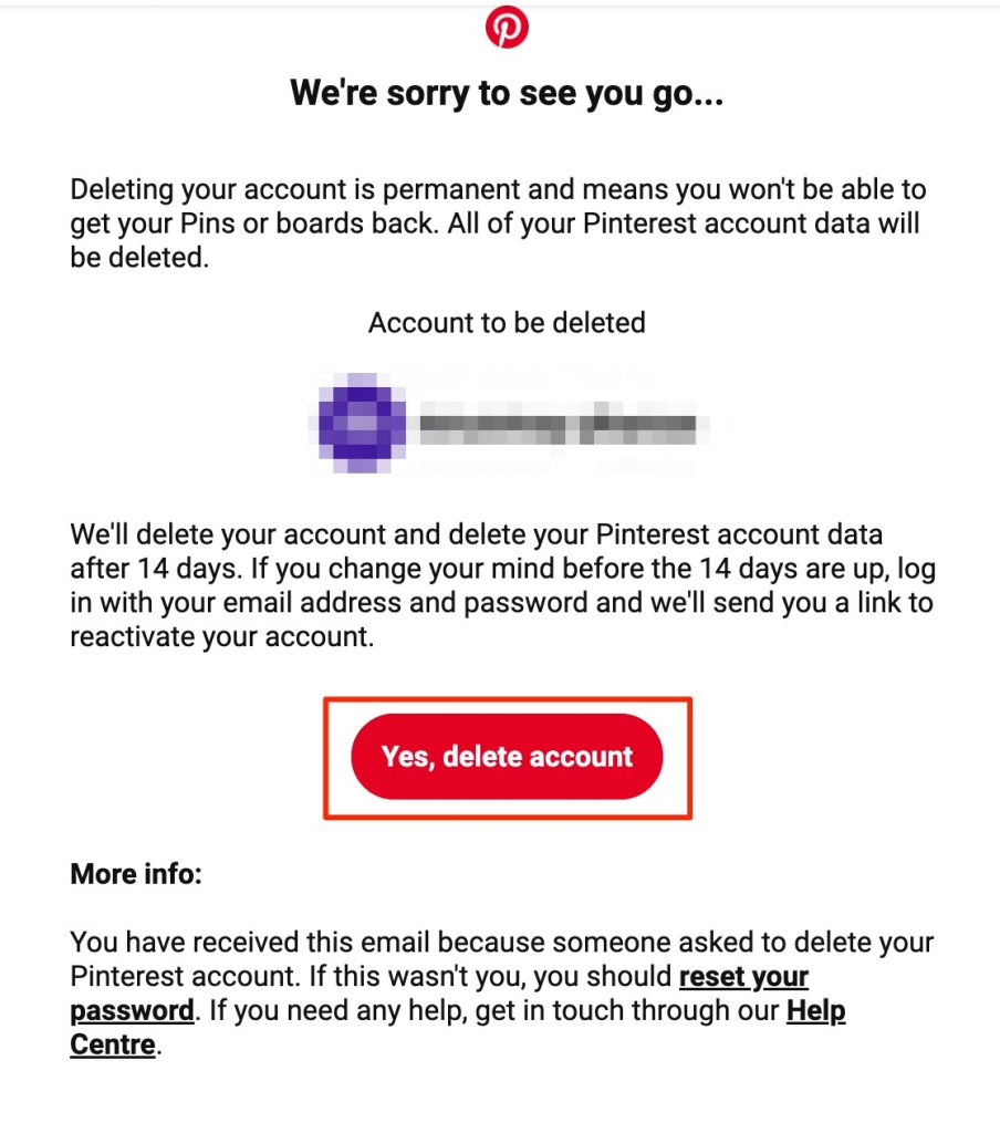 delete pinterest account email